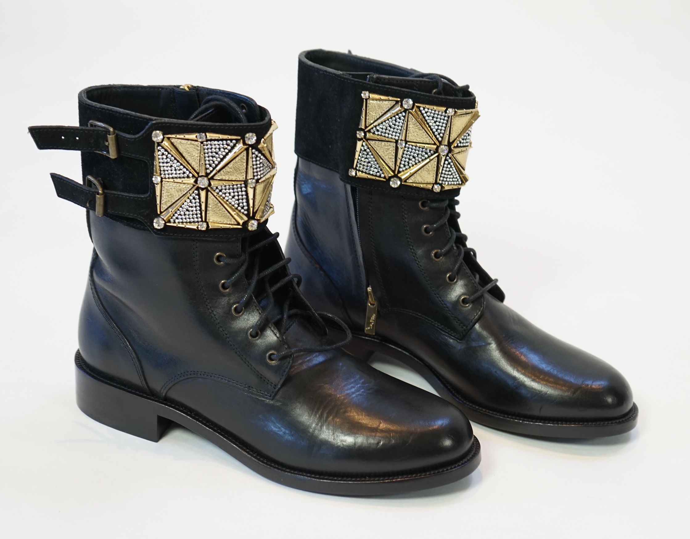 A pair of René Caovilla embellished unworn black leather biker boots, size EU 40